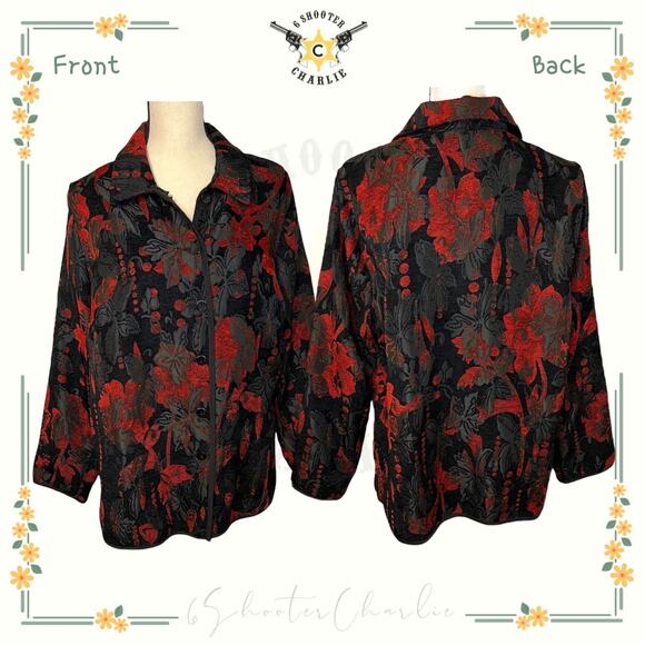 TanJay Women's Tapestry Jacket Floral Black Red Size 18W 6 Button Front - Picture 1 of 7